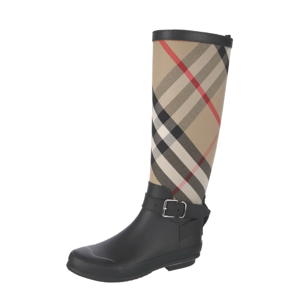 Burberry Women's Black and Beige Plaid Rain Boots